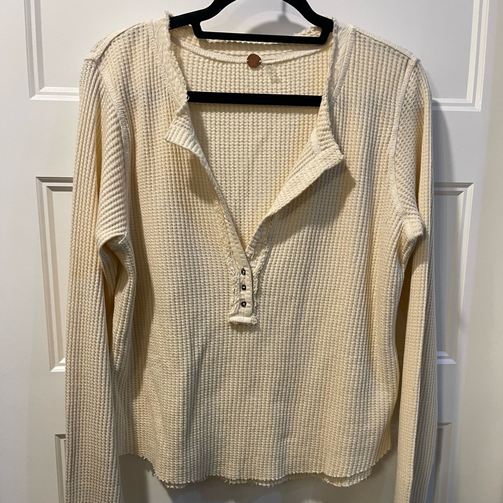 Free People Cream Waffle Henley Long Sleeve Top